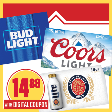 Image of Offer Save $3.11 on ONE (1) Bud, Miller or Coors 15pk 16oz Aluminum Pints Beer.