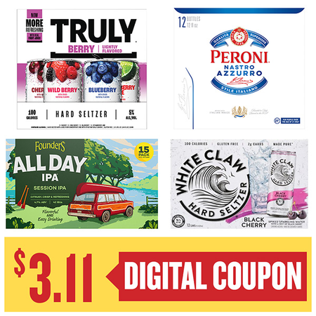 Image of Offer Save $3.11 on ONE (1) White Claw, Truly, Peroni 12pk 12oz or Founders 15pk 12oz Beer.