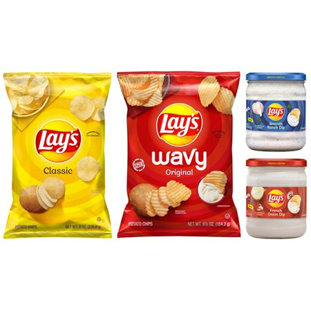 Save $2.50 when you buy ONE (1) Lays Dip and TWO (2) Lays Chips 4.75-8 oz (Excludes Party Size, Baked, Simply and Kettle)