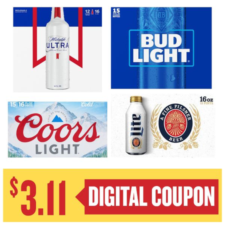 Image of Offer Save $3.11 on ONE (1) Bud, Miller, Coors 15pk or Ultra 12pk 16oz Aluminum Pints Beer.