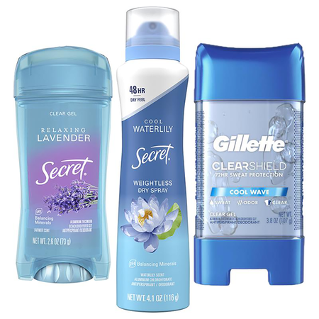 Image of Offer Save $5.00 on THREE Secret Fresh, Outlast, Aluminum Free, Dry Sprays Gillette Clear Gel Antiperspirant/Deodorant or Gillette Dry Spray Antiperspirant/