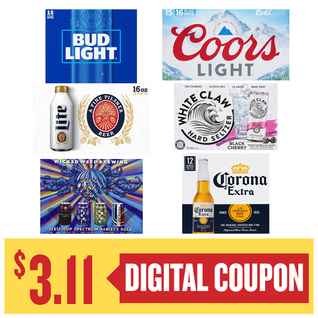 Image of Offer Save $3.11 When You Purchase ONE (1) Bud, Miller, Coors 15pk 16oz or White Claw, Corona, Wicked Weed 12pk 12oz Beer.