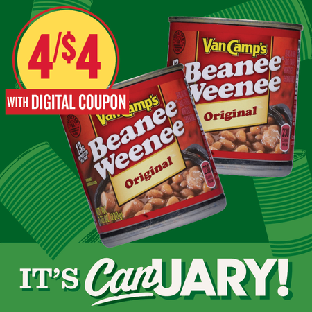 Image of Offer Save $1 on FOUR (4) Van Camp's Beanee Weenees 7.75oz.