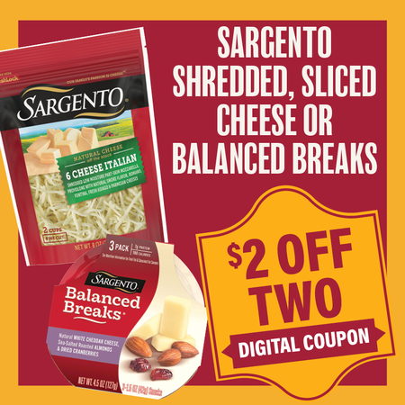 Image of Offer Save $2 on TWO (2) Sargento Shredded Cheese, American Slices or Balanced Breaks.