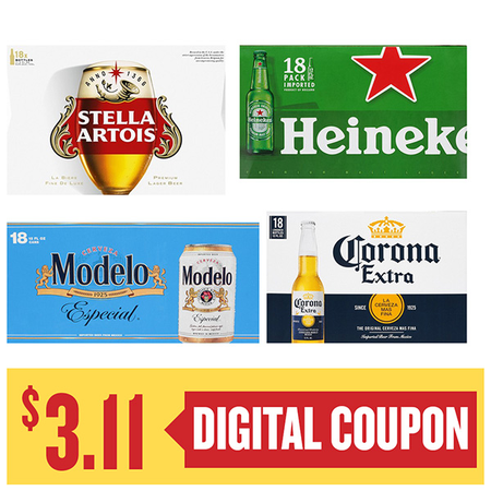 Image of Offer Save $3.11 on ONE (1) Modelo, Corona, Heineken or Stella 18pk Beer.