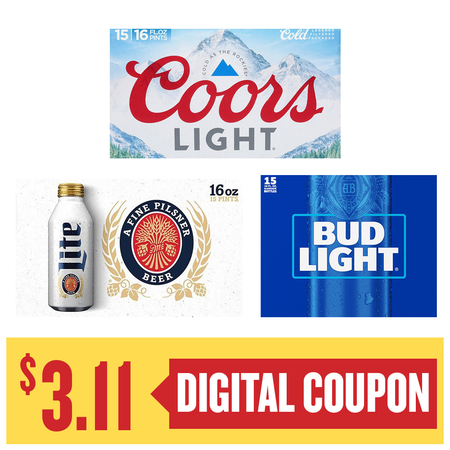 Image of Offer Save $3.11 on ONE (1) Bud, Miller or Coors 15pk 16oz Aluminum Pints Beer.