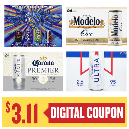 Image of Offer Save $3.11 on ONE (1) Ultra, Corona Premier, Modelo Oro 24pk 12oz or Wicked Weed 12pk 12oz Can Beer.