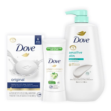 Save $5.00 on any THREE (3) Dove Body Wash 10 - 30.6-oz, Soap 2 - 10-ct. bars or Deodorant 1.7 - 5.2-oz (excludes Men+Care & trial/travel size)