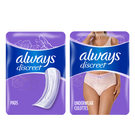 Image of Offer Save $1.00 on ONE Always Discreet 120ct, 111ct Liners, 26ct, 28ct, 33ct, 34ct, 39ct, 48ct, 54ct, 57ct, 66ct Pads OR 12-19 ct Underwear OR Always Discr
