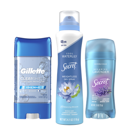 Image of Offer Save $5.00 on THREE Secret Fresh, Outlast, Aluminum Free, Dry Sprays, Gillette Clear Gel Antiperspirant/Deodorant or Gillette Dry Spray Antiperspirant