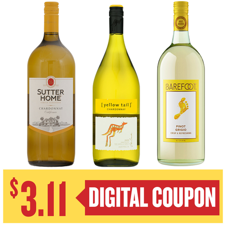 Image of Offer Save $3.11 on ONE (1) Barefoot, Yellow Tail or Sutter Home 1.5L Wine.