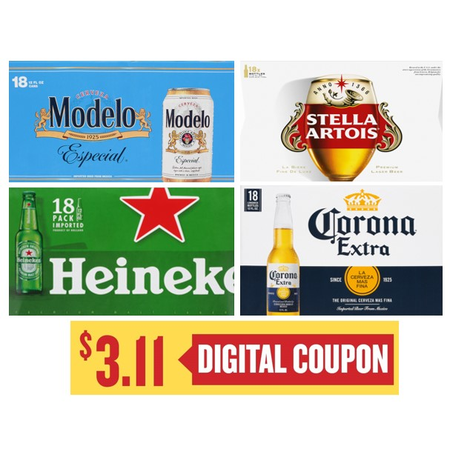 Image of Offer Save $3.11 When You Purchase ONE (1) Modelo, Corona, Stella or Heineken 18pk Beer.