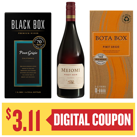Image of Offer Save $3.11 On ONE (1) Meiomi 750ml or Black Box, Bota Box 3L.