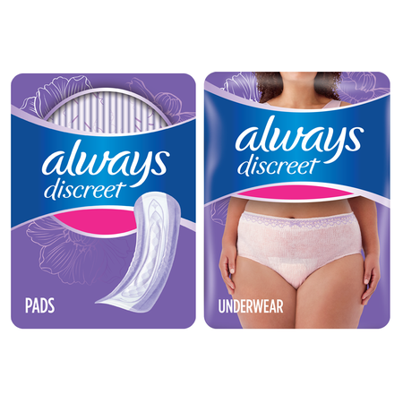 Image of Offer Save $1.00 on ONE Always Discreet 120ct, 111ct Liners, 26ct, 28ct, 33ct, 34ct, 39ct, 48ct, 54ct, 57ct, 66ct Pads OR 12-19 ct Underwear OR Always Discr