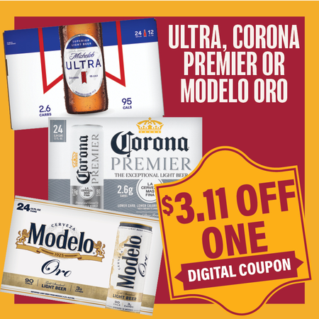 Image of Offer Save $3.11 on ONE (1) Ultra, Corona Premier, Modelo Oro or Garage Beer 24pk 12oz Beer.